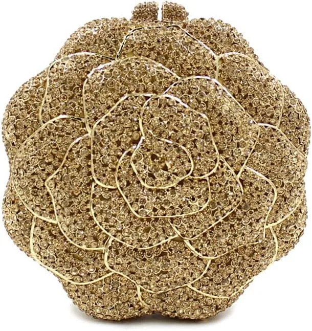 Women Round Rose Flower Crystal Evening Clutch Elegant Rhinestone Bride Purse Party Prom Wedding Handbag