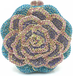 Women Round Rose Flower Crystal Evening Clutch Elegant Rhinestone Bride Purse Party Prom Wedding Handbag