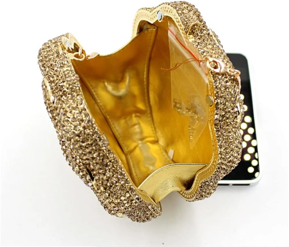 Women Round Rose Flower Crystal Evening Clutch Elegant Rhinestone Bride Purse Party Prom Wedding Handbag