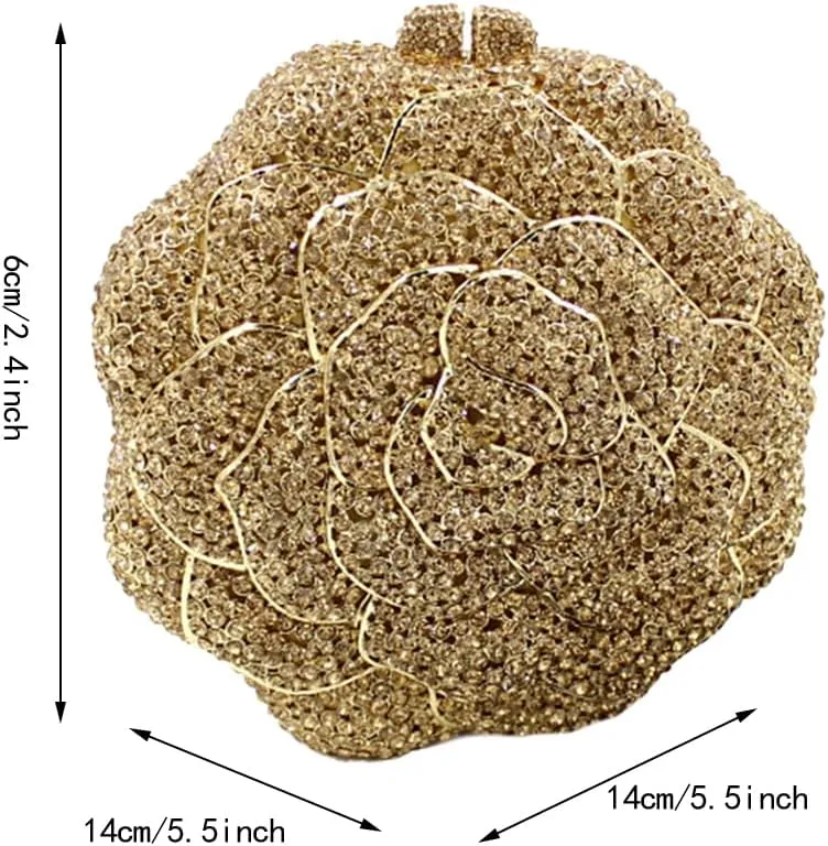 Women Round Rose Flower Crystal Evening Clutch Elegant Rhinestone Bride Purse Party Prom Wedding Handbag