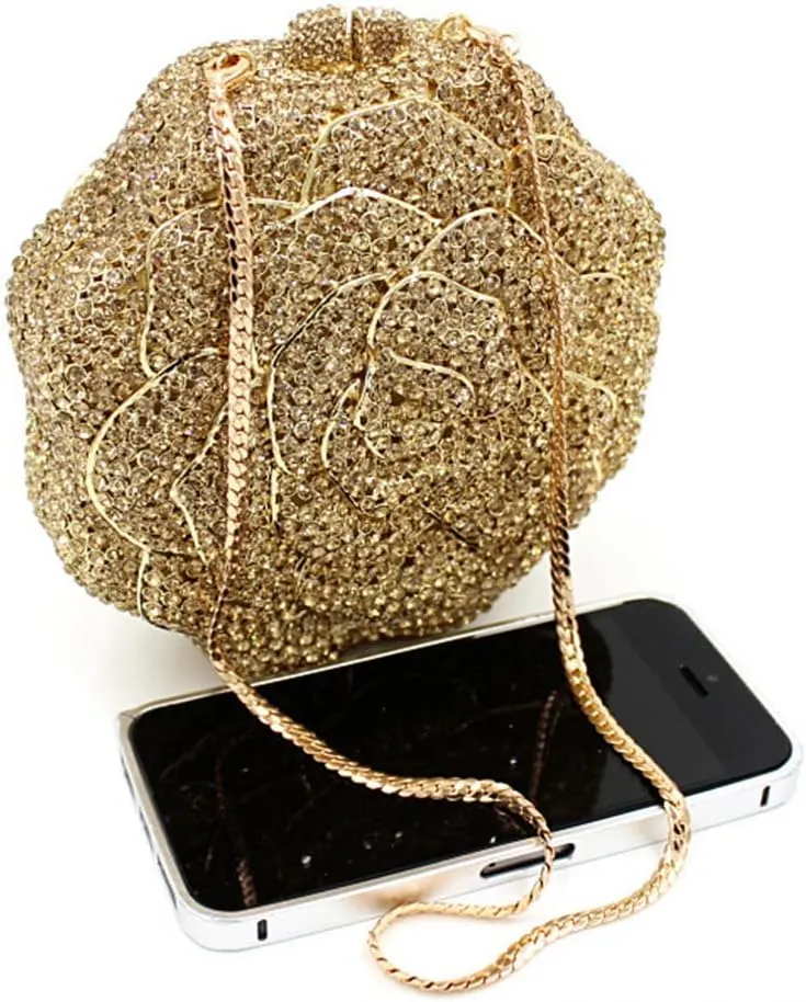 Women Round Rose Flower Crystal Evening Clutch Elegant Rhinestone Bride Purse Party Prom Wedding Handbag