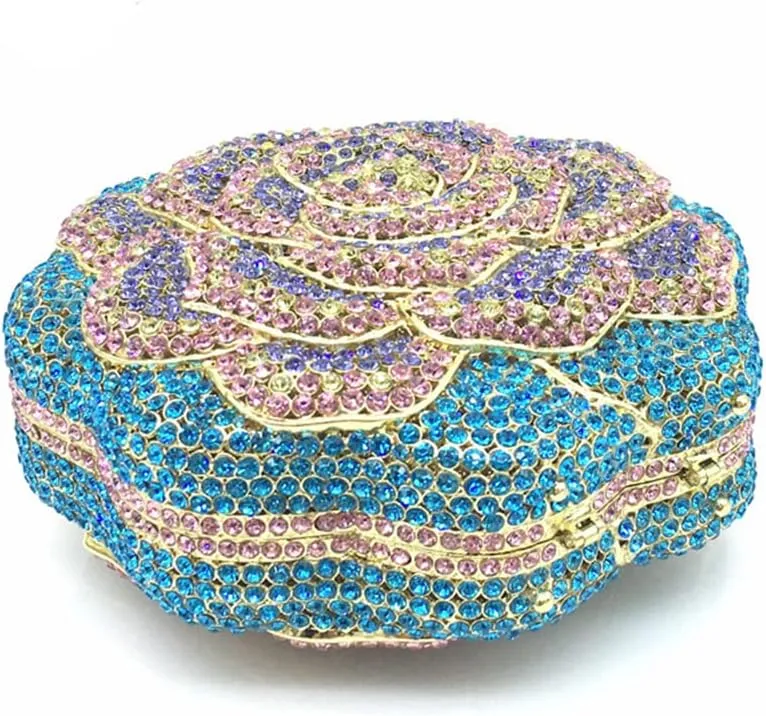 Women Round Rose Flower Crystal Evening Clutch Elegant Rhinestone Bride Purse Party Prom Wedding Handbag