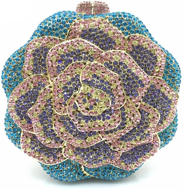 Women Round Rose Flower Crystal Evening Clutch Elegant Rhinestone Bride Purse Party Prom Wedding Handbag