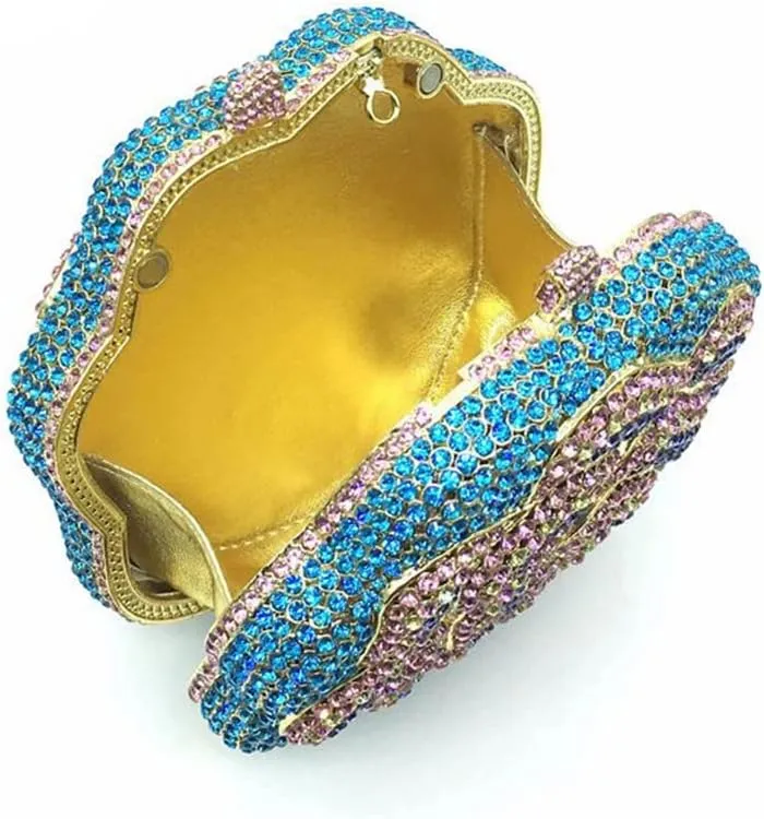 Women Round Rose Flower Crystal Evening Clutch Elegant Rhinestone Bride Purse Party Prom Wedding Handbag