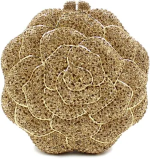 Women Round Rose Flower Crystal Evening Clutch Elegant Rhinestone Bride Purse Party Prom Wedding Handbag