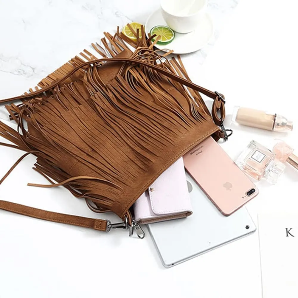 Women Tassel Crossbody Bag Vintage Shoulder Bag PU Leather Satchel Shopper Handbag Purses
