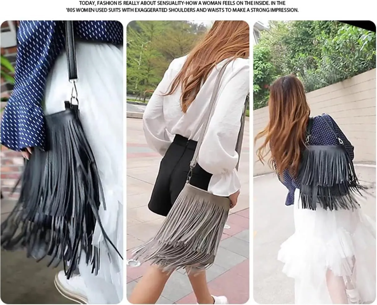 Women Tassel Crossbody Bag Vintage Shoulder Bag PU Leather Satchel Shopper Handbag Purses
