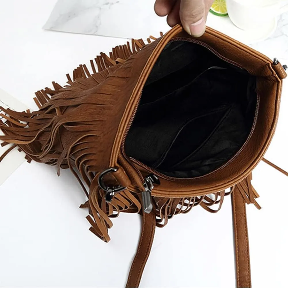Women Tassel Crossbody Bag Vintage Shoulder Bag PU Leather Satchel Shopper Handbag Purses