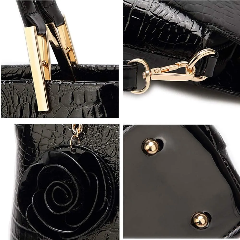 Women Tote Bag Purse Patent Leather HandBag Designer Crocodile Rose Top Handle Bag