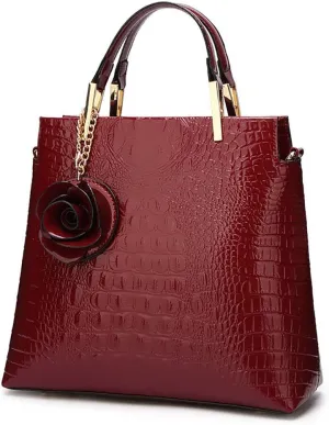 Women Tote Bag Purse Patent Leather HandBag Designer Crocodile Rose Top Handle Bag