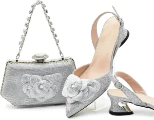 Womens 2025 Satin Clutch Purse Bag Italian Wedding Shoes Set Rhinestone Luxury Party Pumps and Matching Evening Bag