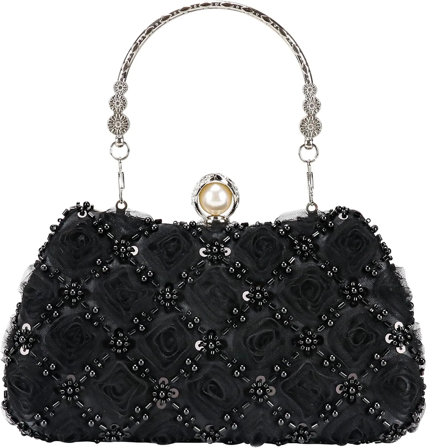 Womens 3D Rose Floral Clutch with Rhinestone Chain, Evening Handbag Purse Shoulder Crossbody Bag for Wedding Party Prom