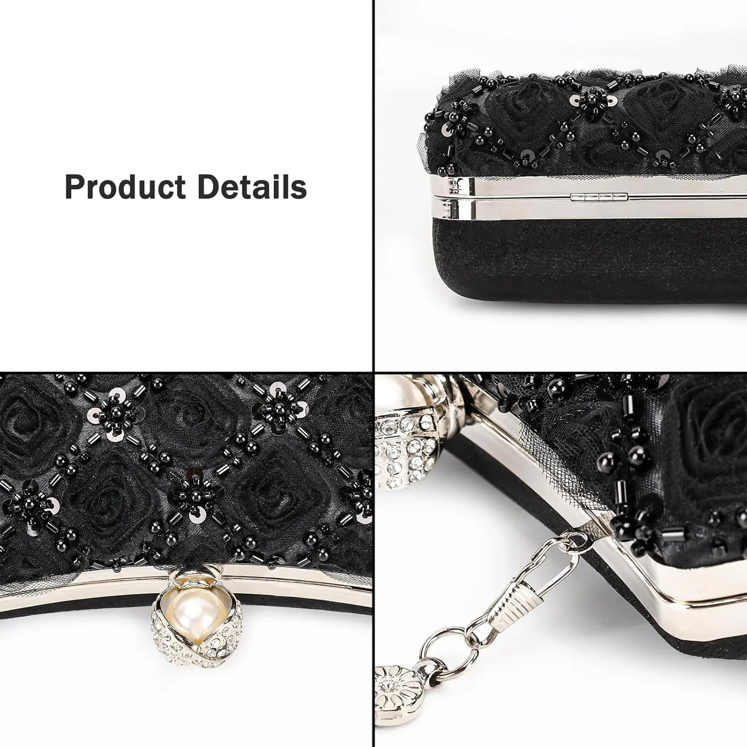 Womens 3D Rose Floral Clutch with Rhinestone Chain, Evening Handbag Purse Shoulder Crossbody Bag for Wedding Party Prom