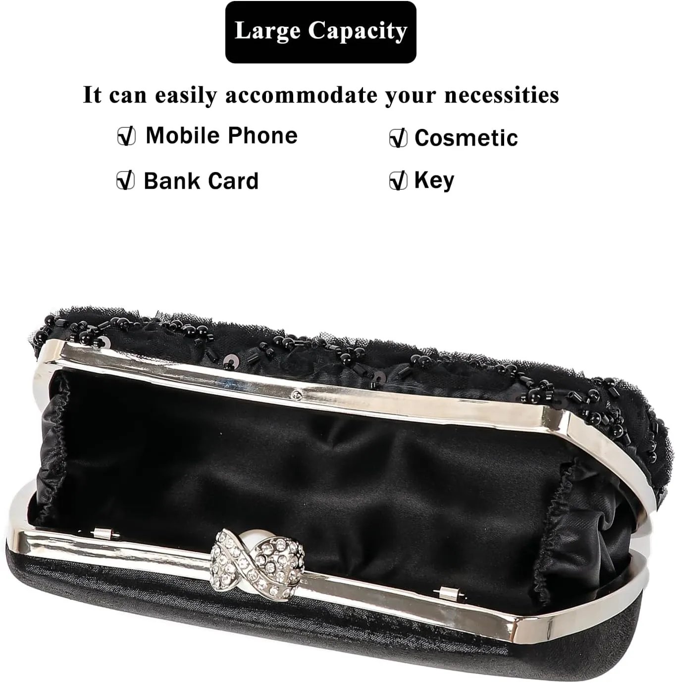 Womens 3D Rose Floral Clutch with Rhinestone Chain, Evening Handbag Purse Shoulder Crossbody Bag for Wedding Party Prom
