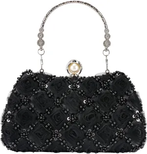 Womens 3D Rose Floral Clutch with Rhinestone Chain, Evening Handbag Purse Shoulder Crossbody Bag for Wedding Party Prom