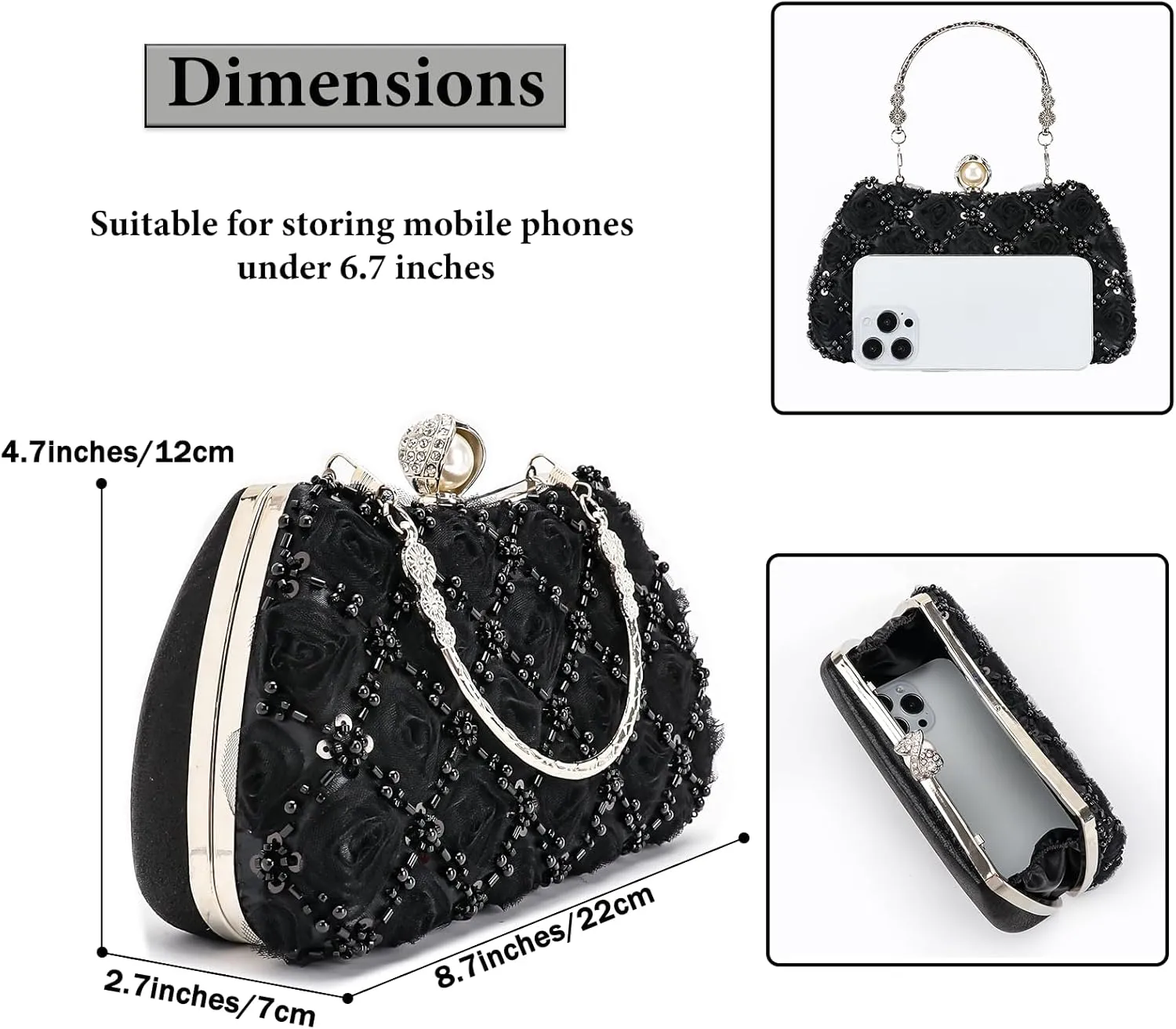 Womens 3D Rose Floral Clutch with Rhinestone Chain, Evening Handbag Purse Shoulder Crossbody Bag for Wedding Party Prom