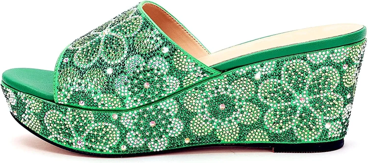 Women's Birthday Party Shoe Bag Suit Crystal Clutch Bag Rhinestone Wedge Heels Plus Size Slippers for Wedding Dinner