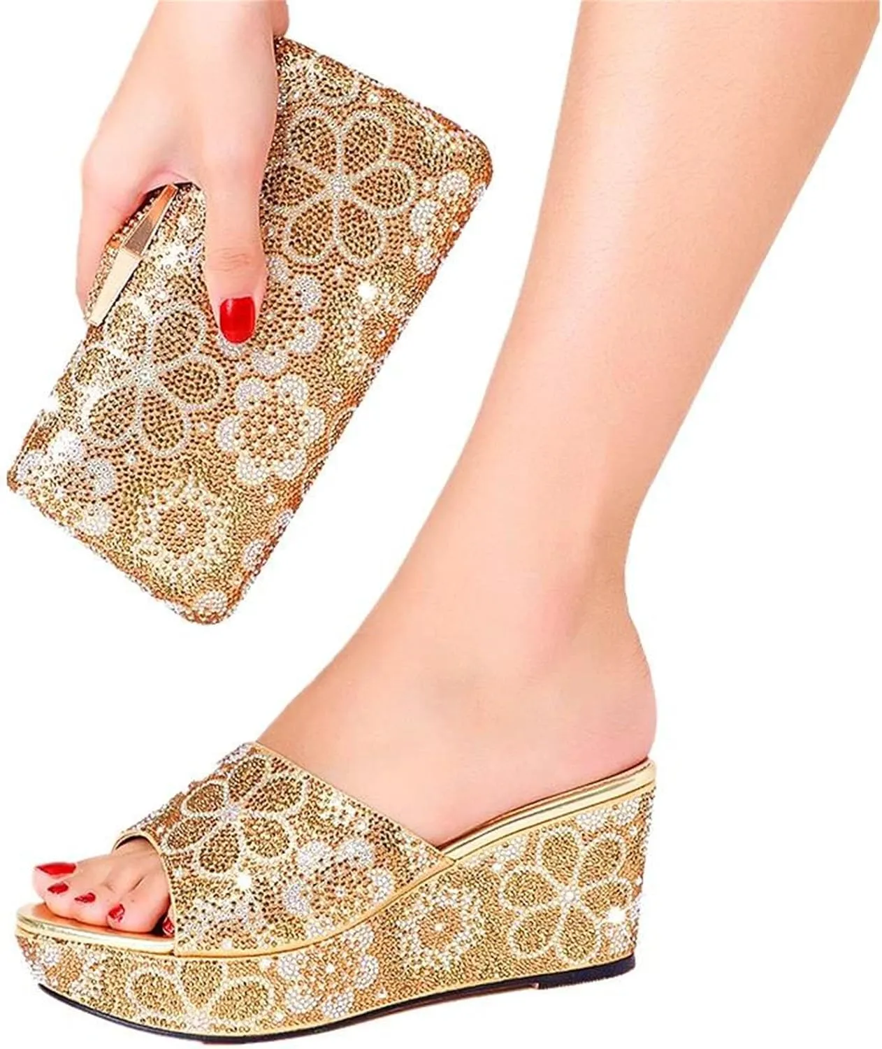 Women's Birthday Party Shoe Bag Suit Crystal Clutch Bag Rhinestone Wedge Heels Plus Size Slippers for Wedding Dinner