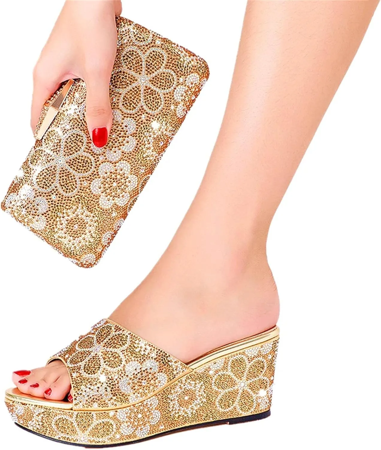Women's Birthday Party Shoe Bag Suit Crystal Clutch Bag Rhinestone Wedge Heels Plus Size Slippers for Wedding Dinner
