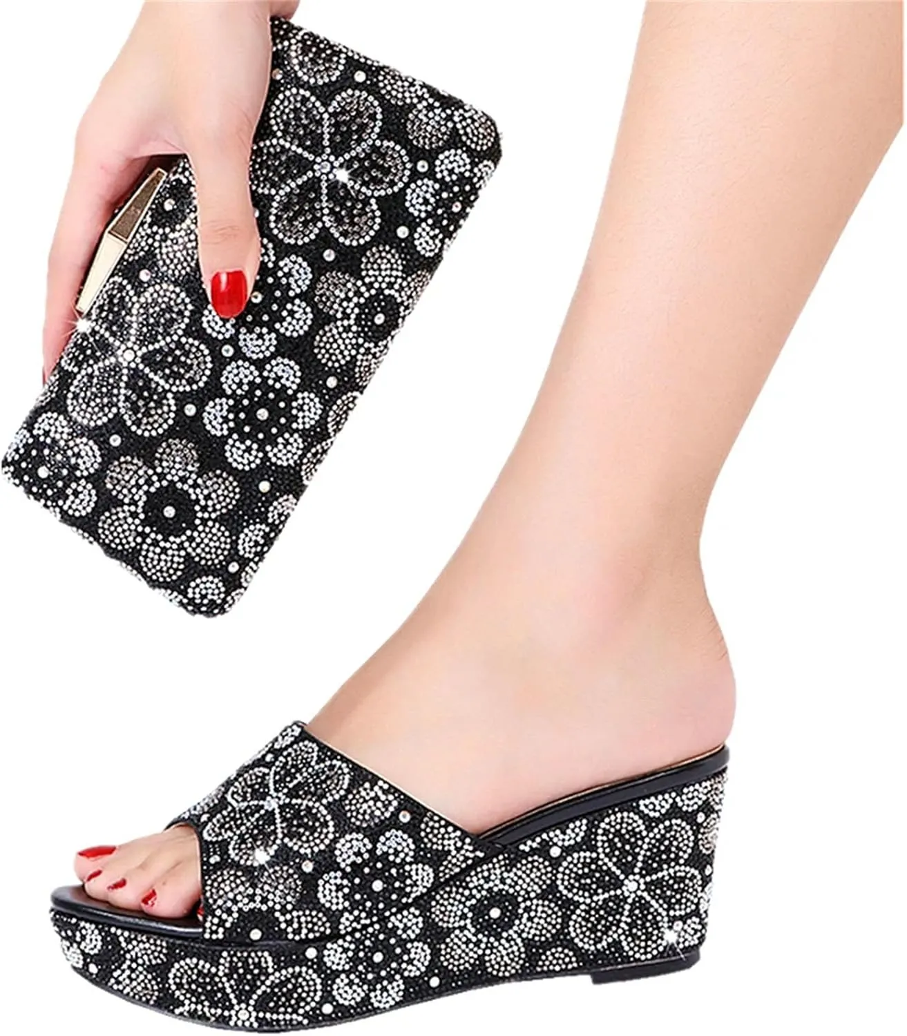 Women's Birthday Party Shoe Bag Suit Crystal Clutch Bag Rhinestone Wedge Heels Plus Size Slippers for Wedding Dinner