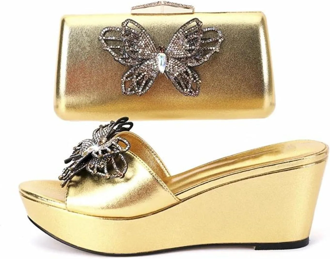 Womens Crystal Shoes Bag Set Summer Puls Size Rhinestone Wedge Heels Slippers For Wedding Birthday Travel Party Wear