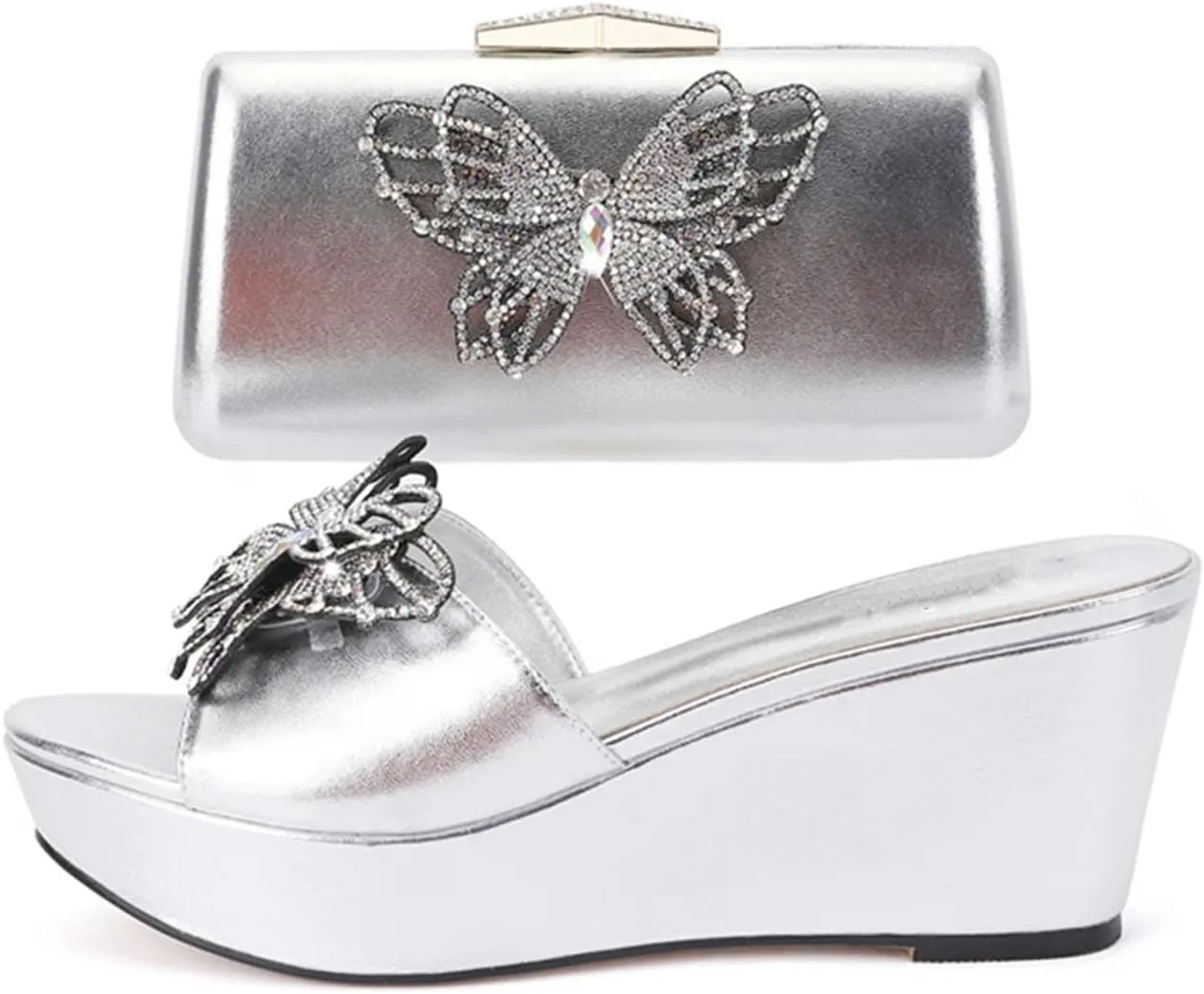 Womens Crystal Shoes Bag Set Summer Puls Size Rhinestone Wedge Heels Slippers For Wedding Birthday Travel Party Wear