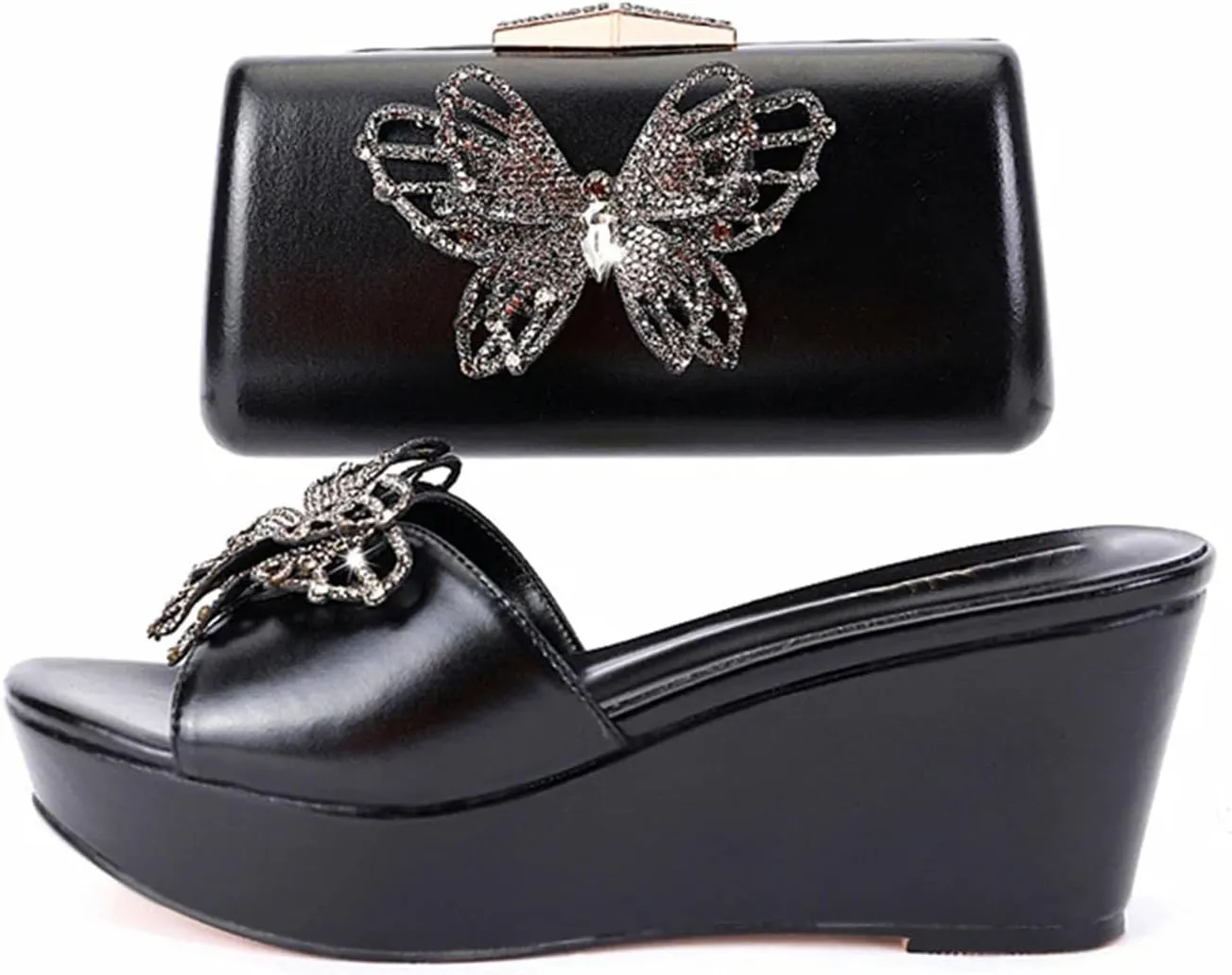 Womens Crystal Shoes Bag Set Summer Puls Size Rhinestone Wedge Heels Slippers For Wedding Birthday Travel Party Wear