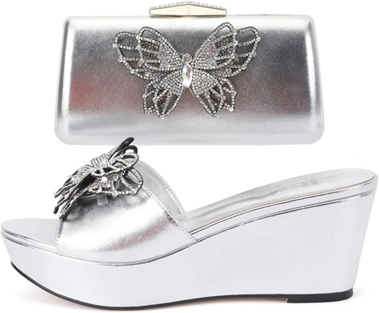 Womens Crystal Shoes Bag Set Summer Puls Size Rhinestone Wedge Heels Slippers For Wedding Birthday Travel Party Wear