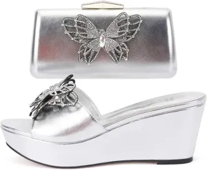 Womens Crystal Shoes Bag Set Summer Puls Size Rhinestone Wedge Heels Slippers For Wedding Birthday Travel Party Wear