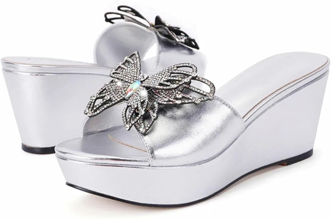 Womens Crystal Shoes Bag Set Summer Puls Size Rhinestone Wedge Heels Slippers For Wedding Birthday Travel Party Wear