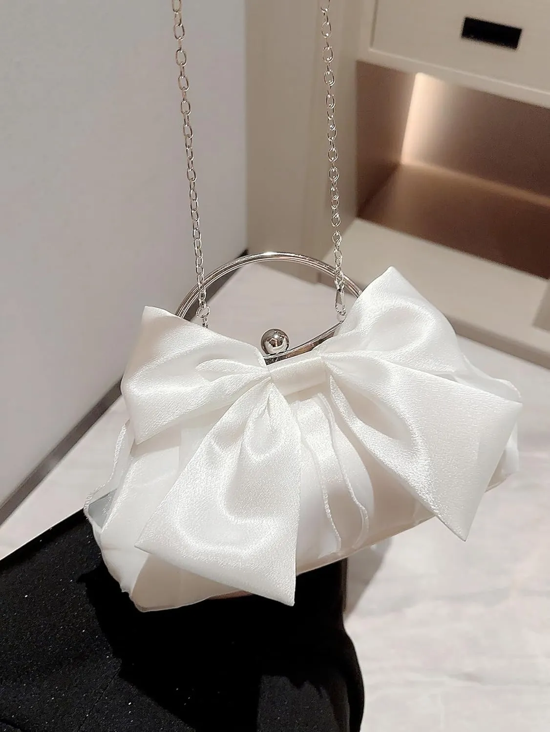 Women's Cute Bowknot Satin Evening Bag Cloud Shape Party Handbag with Chain
