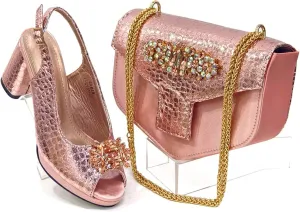 Womens Designer Rhinestone Decorated Party Shoes and Shoulder Bag Set Comfortable High Heels for Special Occasions