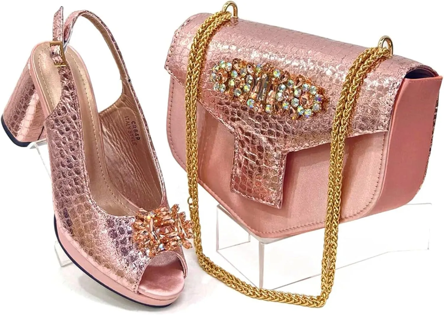Womens Designer Rhinestone Decorated Party Shoes and Shoulder Bag Set Comfortable High Heels for Special Occasions