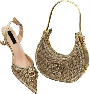 Womens Elegant Rhinestone Pattern Evening Shoes and Purse Combo Pointed Toe High Heels for Bridal Party