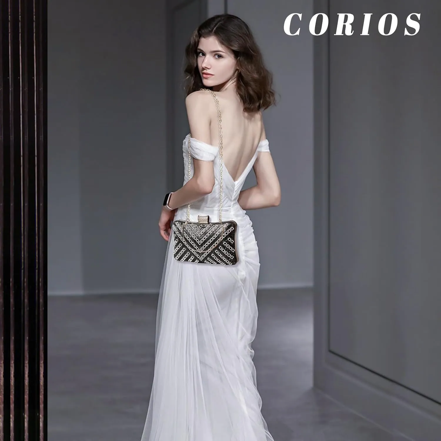 Women's Evening Bag Rhinestone Clutch Bag Bridal Wedding Purse Bling Crystal Shoulder Bag with Detachable Chain