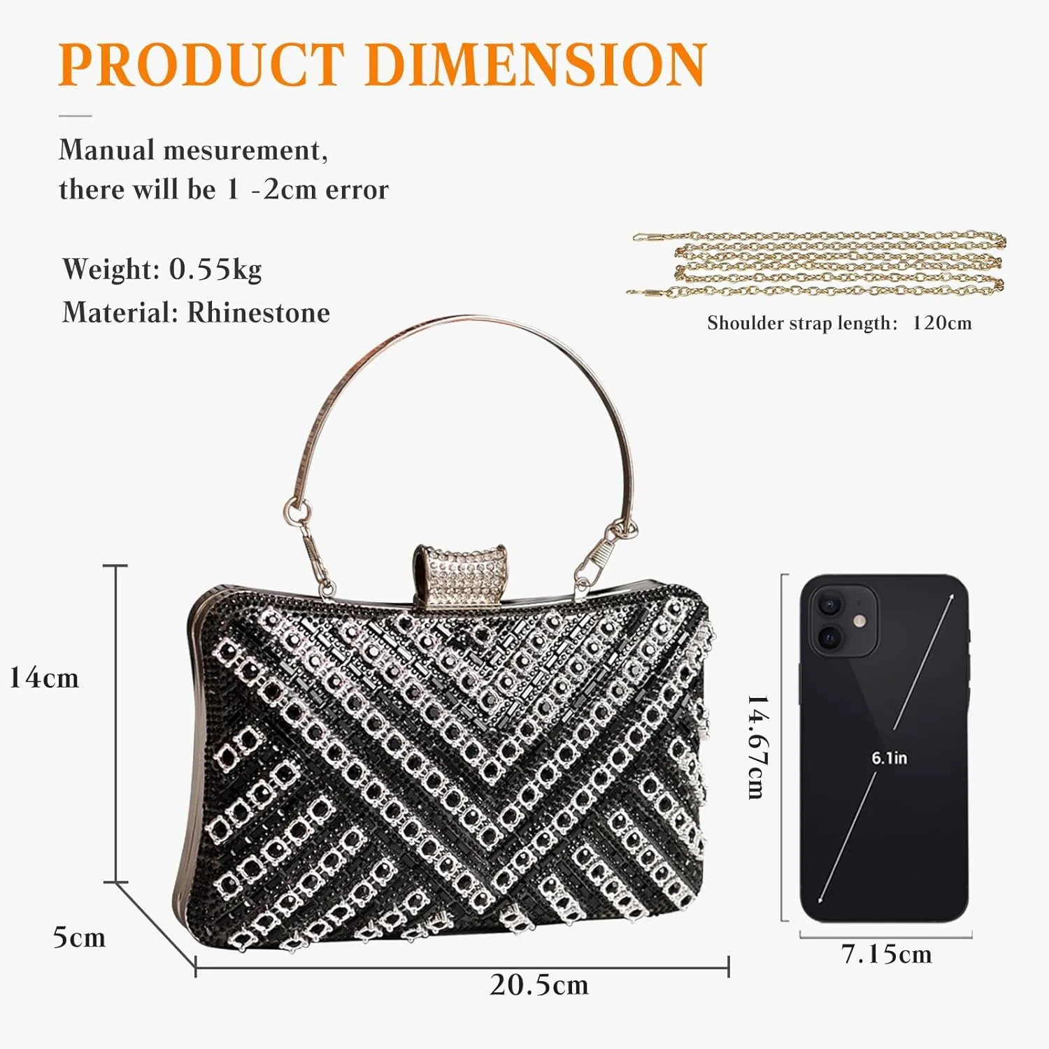 Women's Evening Bag Rhinestone Clutch Bag Bridal Wedding Purse Bling Crystal Shoulder Bag with Detachable Chain