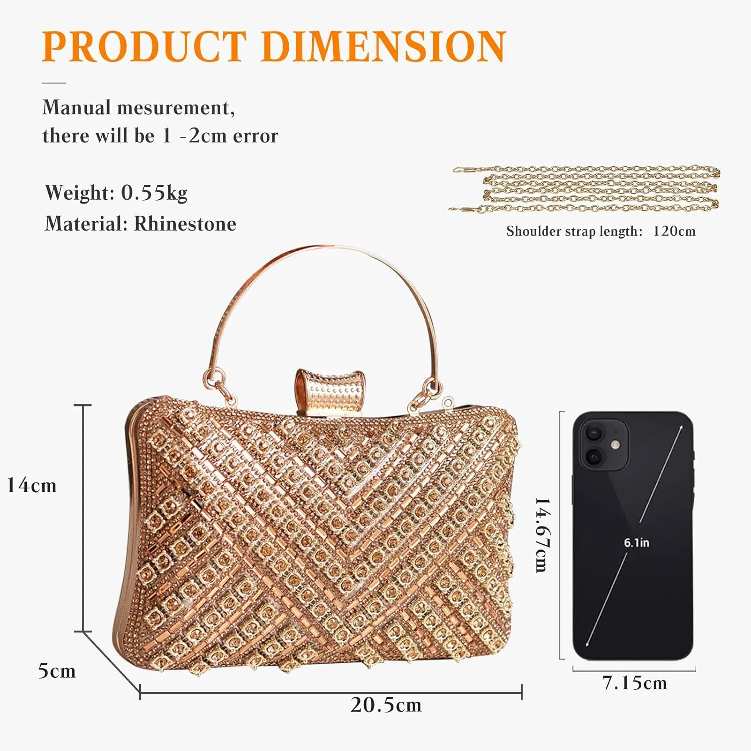 Women's Evening Bag Rhinestone Clutch Bag Bridal Wedding Purse Bling Crystal Shoulder Bag with Detachable Chain