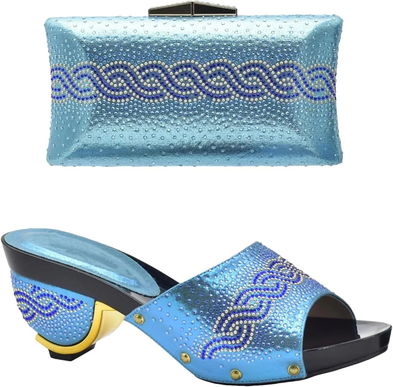 Women's Gold Rhinestone Shoe & Bag Set - Nigerian-Italian Pumps & Clutch for Weddings and Evening Events