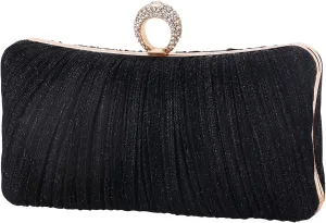 Womens Golden Glitter Clutch Purse Pleated Evening Bag for Bridal Wedding Party with Rhinestone Ring