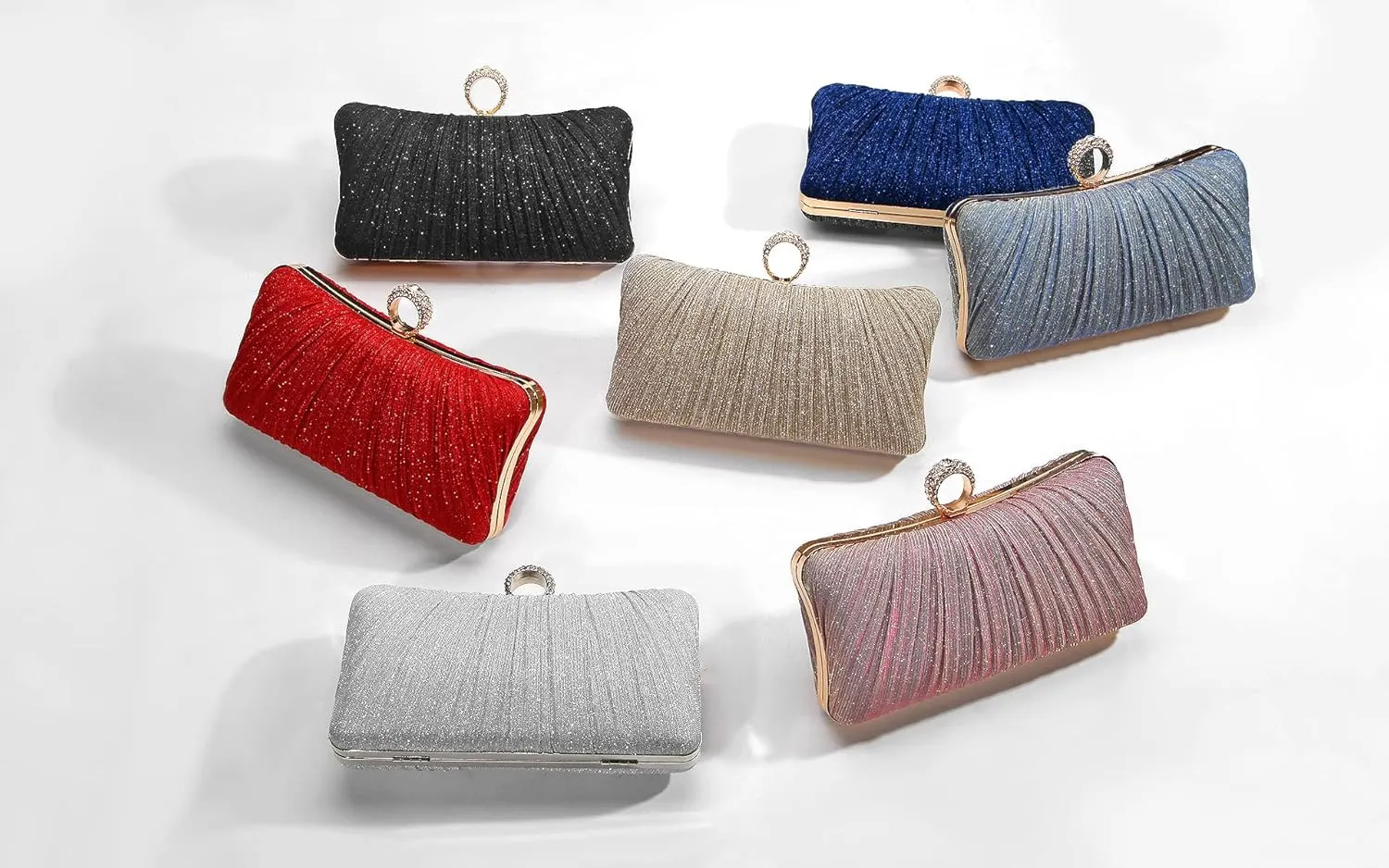 Womens Golden Glitter Clutch Purse Pleated Evening Bag for Bridal Wedding Party with Rhinestone Ring
