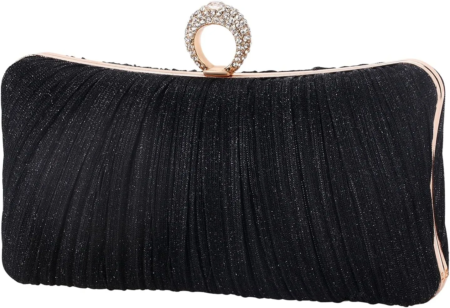 Womens Golden Glitter Clutch Purse Pleated Evening Bag for Bridal Wedding Party with Rhinestone Ring