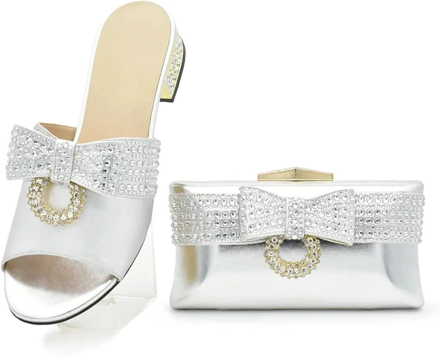 Womens Italian Bow Rhinestone Shoes and Bags Decorated with Crystal Luxury Designers Clutch Purse for Wedding Party