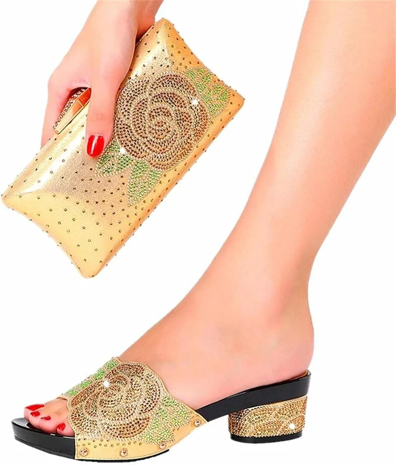 Womens Italian Design Luxury Evening Shoe Bag Suit Rhinestone Dinner Clutch Flat Heel Plus Size Slippers
