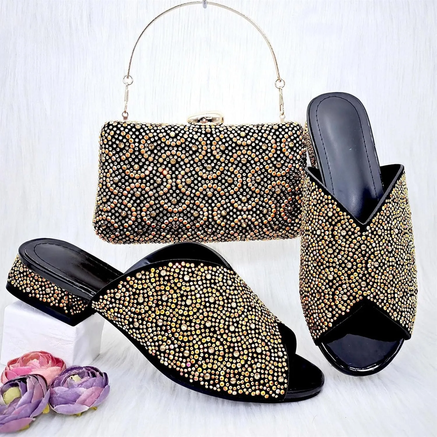Womens Italian Fashion Crystal Sandals Nigeria Africa Popular High Heel Shoe Bag Set Casual Versatile Fish Mouth Shoes