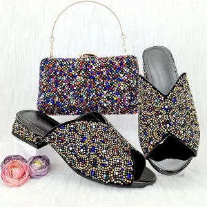 Womens Italian Fashion Crystal Sandals Nigeria Africa Popular High Heel Shoe Bag Set Casual Versatile Fish Mouth Shoes