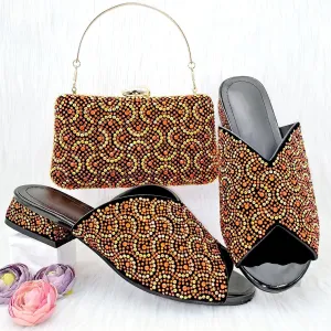 Womens Italian Fashion Crystal Sandals Nigeria Africa Popular High Heel Shoe Bag Set Casual Versatile Fish Mouth Shoes