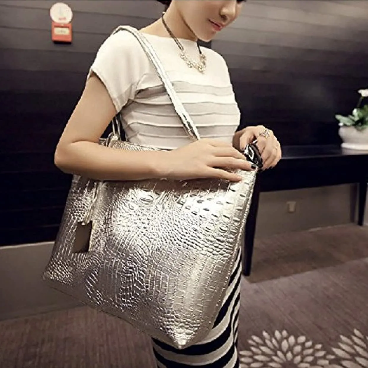 Womens Large Tote Shoulder Handbag Purse Travel Satchel Stylish Fuax Leather Crocodile Hobo Top Handle Bag