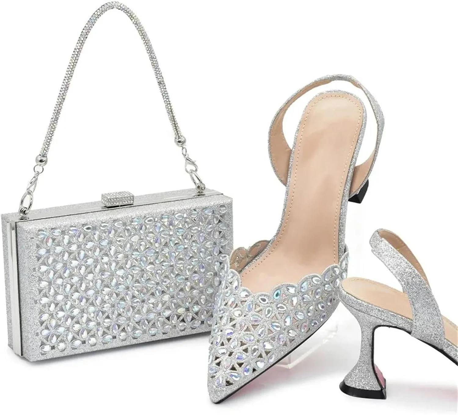 Womens Luxury Rhinestone Pattern Evening Shoes and Clutch Set Pointed Toe High Heels for Formal Dinners