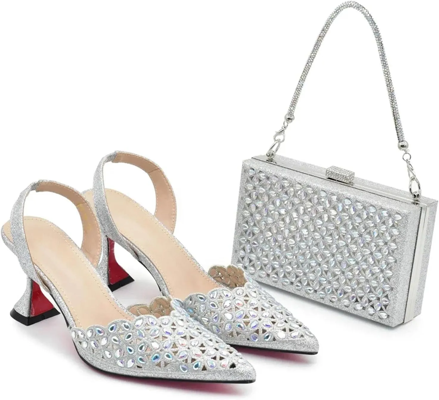 Womens Luxury Rhinestone Pattern Evening Shoes and Clutch Set Pointed Toe High Heels for Formal Dinners