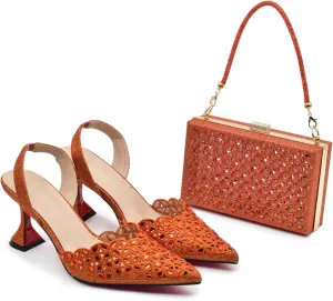 Womens Luxury Rhinestone Pattern Evening Shoes and Clutch Set Pointed Toe High Heels for Formal Dinners
